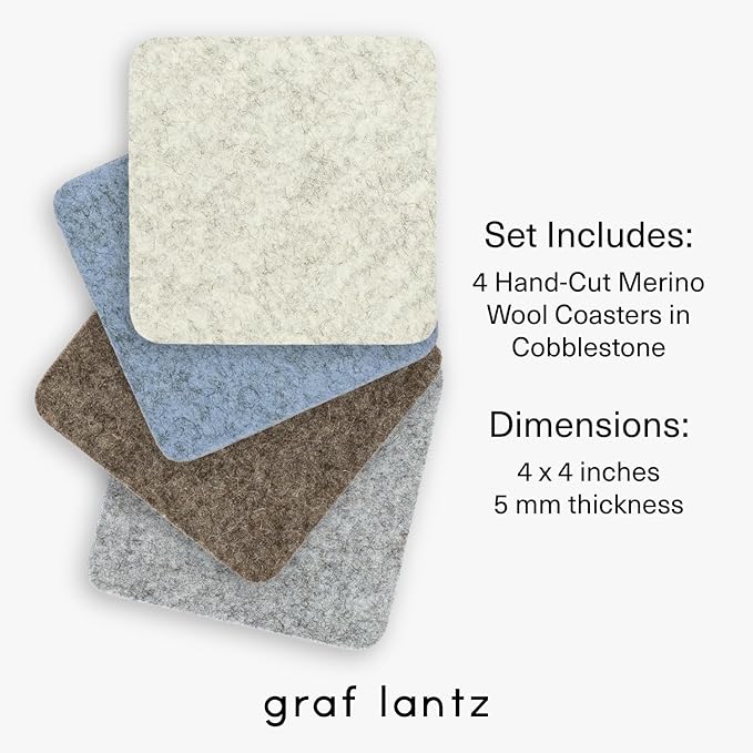 Graf Lantz - Bierfilzl Merino Wool Square Coasters Set of 4 - Cobblestone (4"x4"x5mm) - Absorbs 30% Weight, Natural German Wool - Heat Resistant, Sustainable, Reusable - Home Decor, Coffee Table Decor