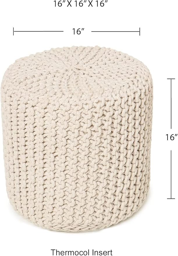 REDEARTH · Cylindrical Hand Knitted Pouf - Foot Stool Ottoman - Cord Boho Pouffe - Cotton Round Poof for Home Decor - Living Room - Nursery - Bedroom - Patio (16" x 16" x 16") - Ivory, Set of 2