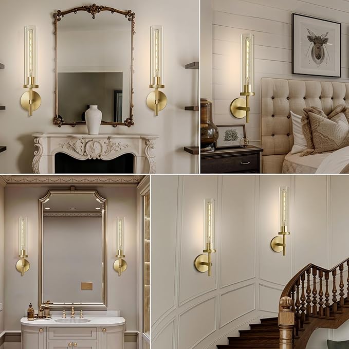 Gold Wall Sconces Set of Two, 19.48" Knurled Gold Wall Lighting with Glass Tube, Modern Brass Sconces Wall Lamp for Bedroom Living Room Bathroom Hallway Staircase & Vanity Mirror(Including Bulb)