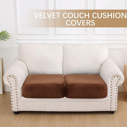 hyha Velvet Couch Cushion Covers, Soft Sofa Seat Covers for sectional 2 Cushion Couch Washable, Magic Sofa Slipcover with Elastic Bottom, Non-Slip Furniture Protector for Pets, Kid(2PC, Brown)