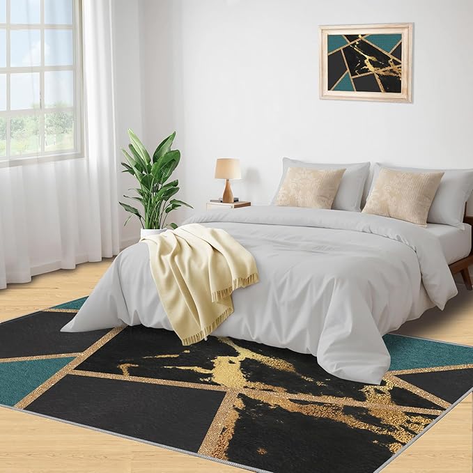 Black Gold Marble Area Rugs Emerald Green Abstract Marble Carpet Medieval Geometry Area Rug Indoor Non-Slip Carpet Golden Geometric Lines Rugs for Bedroom 7x10ft