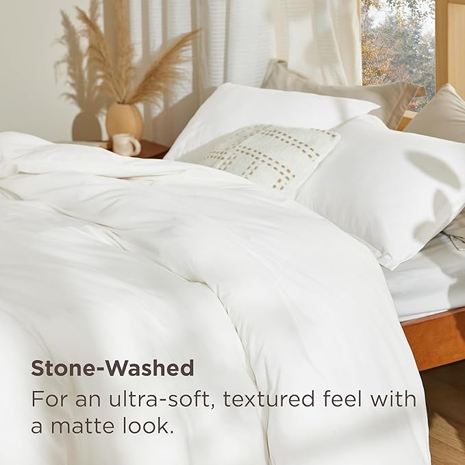 Bedsure 100% Stone Washed Cotton Duvet Cover Queen Size - White Minimalist Cotton Duvet Cover Linen Like for All Seasons - GentleSoft™ Plain Simple Bedding (White, Queen, 90"x90")