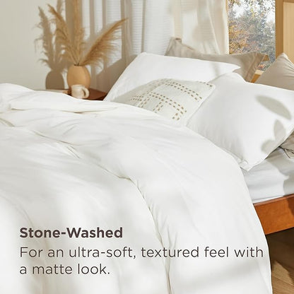 Bedsure 100% Stone Washed Cotton Duvet Cover Queen Size - White Minimalist Cotton Duvet Cover Linen Like for All Seasons - GentleSoft™ Plain Simple Bedding (White, Queen, 90"x90")