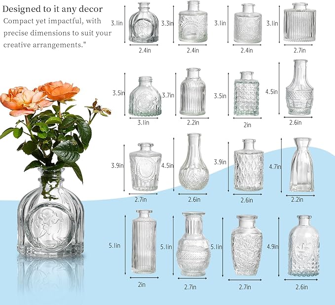 Glass Bud Vases Set of 64 - Assorted Small Mini Glass Vases for Flowers, Crystal Vintage Vase Set, Bulk Centerpieces for Table Décor, Wedding, Home and Events (Clear, 64 Pcs)