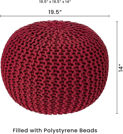 REDEARTH · Round Pouf Ottoman - Hand Knitted Cable Boho Poof - Foot Stool Bean Bag - Home Décor Stuffed Footrest for Living Room - Nursery - Bedroom - 100% Cotton Poufs (19.5"x19.5"x14") - Red