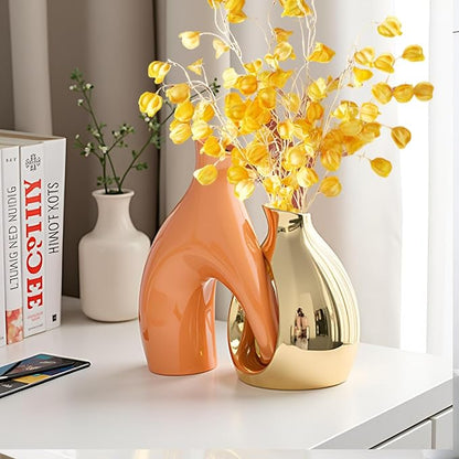 Orange Gold Modern Abstract Ceramic Vases for Home Decor,Nordic Snuggle Hollow Design for Flowers Pampas Grass Decorative,for Living Room Coffee Table Centerpiece,Entrance,Console (Orange)