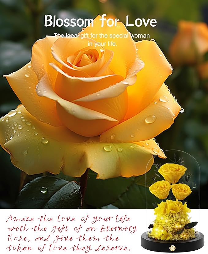 Valentines Day Flowers Roses Gifts for Her,Forever Real Preserved Roses in Glass Dome,Valentines Day Anniversary Birthday Gifts for Wife Girlfriend Women Mom Best Friend Her/Yellow Rose