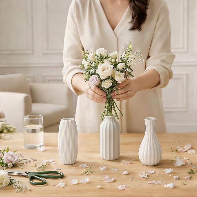 BEAHOT Ceramic Bud Vases Set of 12 - Matte Mini White Jars Bulk | Small White Ceramic Vases for Centerpieces, Wedding Floral Arrangements, DIY Crafts & Boho Table Decor (No Repeating Designs)