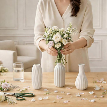 BEAHOT Ceramic Bud Vases Set of 12 - Matte Mini White Jars Bulk | Small White Ceramic Vases for Centerpieces, Wedding Floral Arrangements, DIY Crafts & Boho Table Decor (No Repeating Designs)