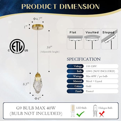Gold Crystal Pendant Light, Modern Mini Hanging Ceiling Light with Prism K9 Crystals, LED Compatible Small Chandelier for Kitchen Island, Bathroom, Bedroom, Bar, Hallway, Foyer