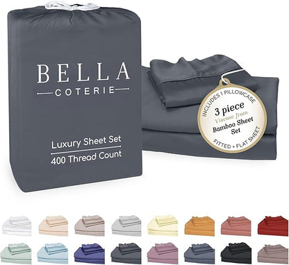 Bella Coterie Luxury Bamboo Viscose Twin Size Sheet Set | 100% Organically Grown | Ultra Soft | Cooling for Hot Sleepers | 18" Deep Pocket [Charcoal Grey]