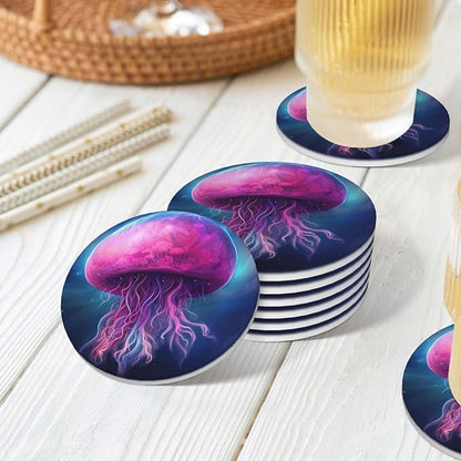 6 Pcs Ceramic Coasters with Holder Absorbent Drink Round Fantasy Starry Sky Pink Gellyfish Design for Home Table Coffee Cup Wine Beer Bar,Size 4.4 inches