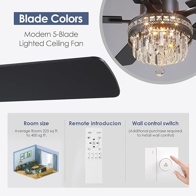 Asyko Crystal Ceiling Fan Fandelier with Lights - 46" Outdoor Fans with Remote Control，Crystal Ceiling Fans Noiseless DC Motor, Retro/Farmhouse Lighting, Dining Room,Living Room