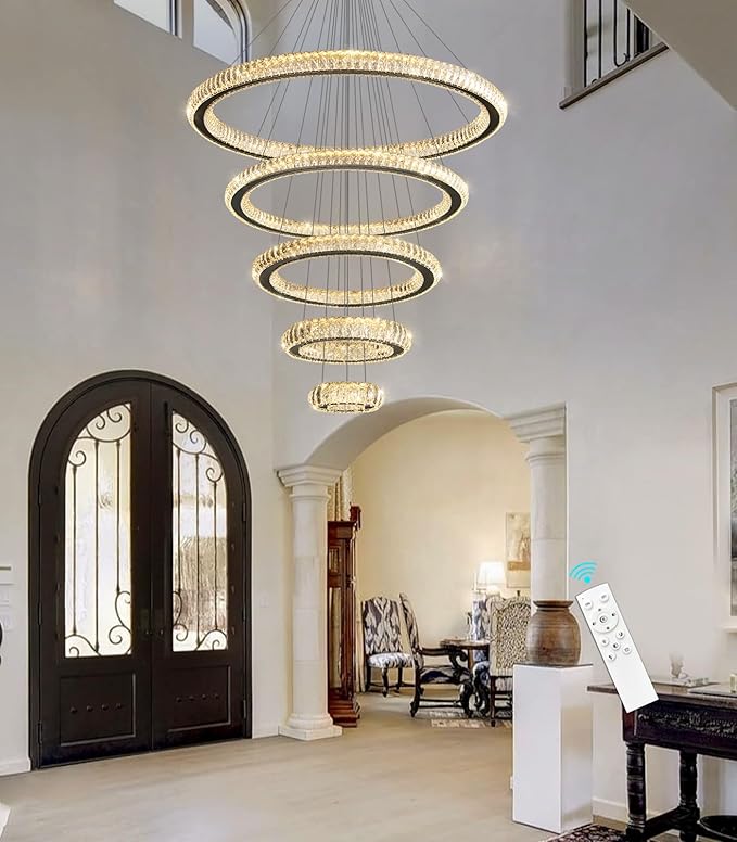 Modern Chandelier 8"+16"+24"+32"+40" 5 Rings Crystal LED Dimmable Lighting Foyer Entryway High Ceiling Living Room Chanderliers Pendant Lights Fixtures Black Light