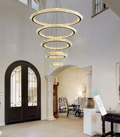 Modern Chandelier 8"+16"+24"+32"+40" 5 Rings Crystal LED Dimmable Lighting Foyer Entryway High Ceiling Living Room Chanderliers Pendant Lights Fixtures Black Light