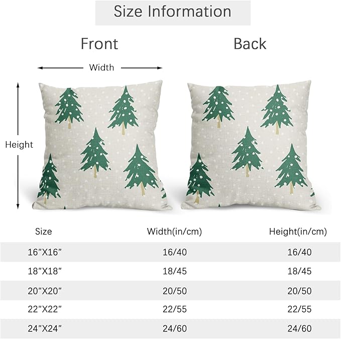 Christmas Tree Pillow Covers 22x22 Set of 2 Green Beige Xmas Snow Pattern Rustic Decorative Outdoor Farmhouse Zipper Pillowcases Decorations Winter Holiday Throw Cushion Cover Decor for Couch Sofa Bed