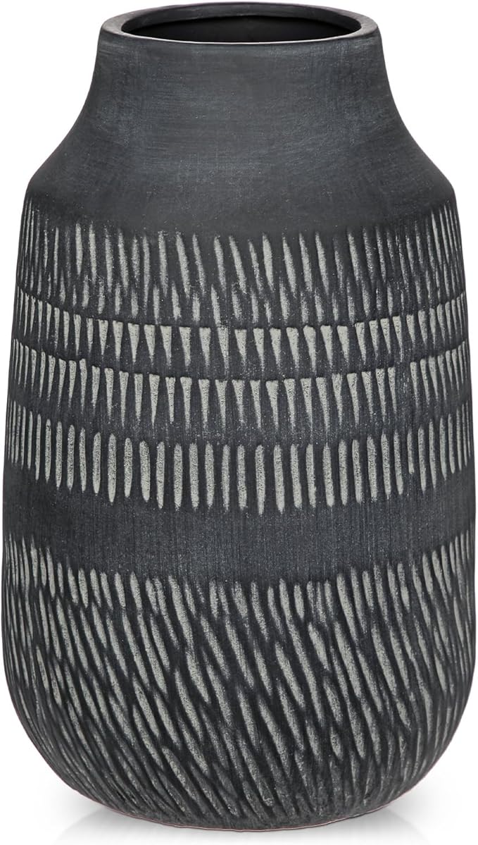 11" Rustic Farmhouse Vase with Linear Stripe, Antique Ceramic Vase Handmade in Pottery, Decorative Vintage Style for Home, Living Room, Shelf & Entryway Decor, Dark Gray