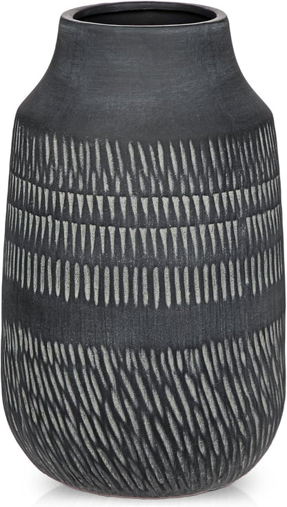 11" Rustic Farmhouse Vase with Linear Stripe, Antique Ceramic Vase Handmade in Pottery, Decorative Vintage Style for Home, Living Room, Shelf & Entryway Decor, Dark Gray