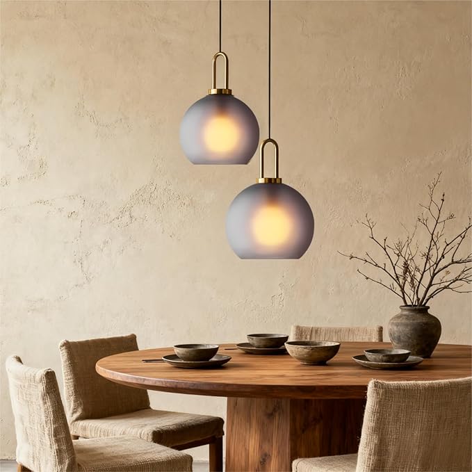 300mm Frosted Grey Spherical Glass Pendant Light, Frosted Grey Glass Globe with Brass Socket Hanging Lamp for Kitchen Island (30CM)