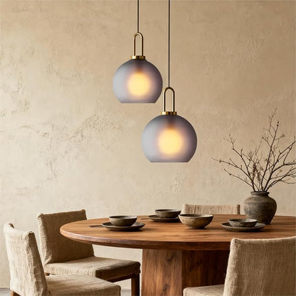 300mm Frosted Grey Spherical Glass Pendant Light, Frosted Grey Glass Globe with Brass Socket Hanging Lamp for Kitchen Island (30CM)