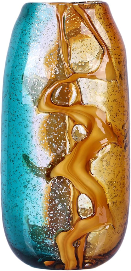 Teal Glass Vase,Hand Blown Green Flower Bulk,Murano Glass Vases,Unique Table Decor, Flowers with Decorative,Teal Vase Decor,for Bookshelf,Living Room,Office,Gift (L)
