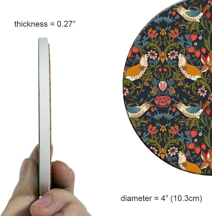 Coasters Set of 6 Strawberry Thief Pattern Ceramic Drink Coaster with Cork Base Modern Style Coasters for Mugs and Cups Office Kitchen 4 in