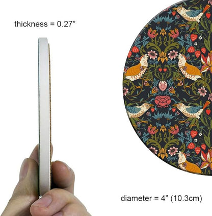 Coasters Set of 6 Strawberry Thief Pattern Ceramic Drink Coaster with Cork Base Modern Style Coasters for Mugs and Cups Office Kitchen 4 in