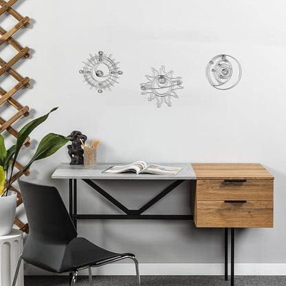 Silver Metal Wall Art, Abstract Sun Moon Star Decor, Modern Line Art Christmas Decorations, Mystical Star Circle Planet Handmade Wall Christmas Decor for Living Room Kitchen Office 9 inch