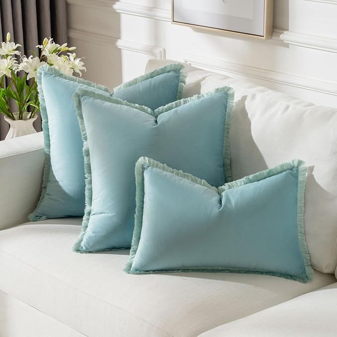 FUTEI Aqua Velvet Decorative Throw Pillow Covers 20x20 Set of 2,Soft Cozy Edge with Tassels Cushion Case,Boho Modern Home Decor for Couch Bed Living Room
