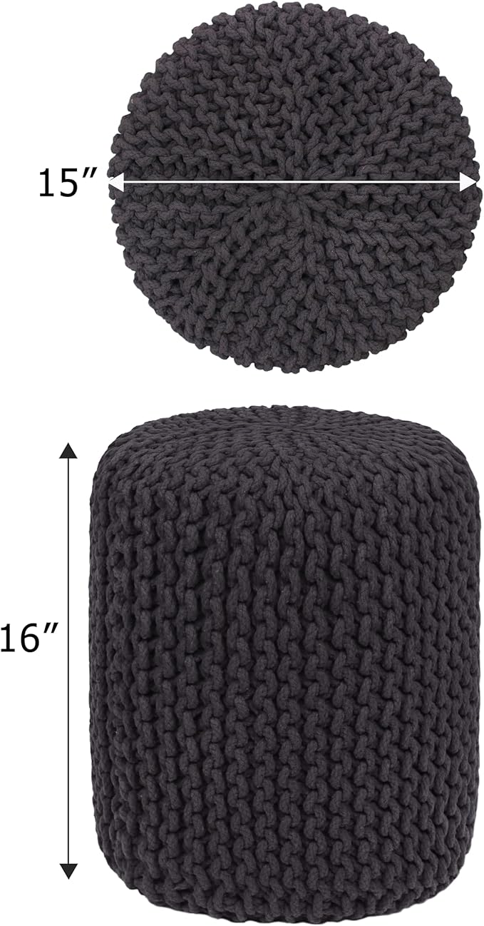 COTTON CRAFT Braided Round Pouf - Hand Knitted Cotton Cord Cable Dori Cylindrical Floor Pouf - Foot Stool Ottoman Footrest - Accent Seat - Living Room Bedroom Dorm Décor - 15 Round x 16 H - Grey