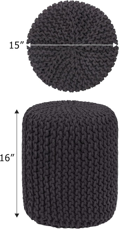 COTTON CRAFT Braided Round Pouf - Hand Knitted Cotton Cord Cable Dori Cylindrical Floor Pouf - Foot Stool Ottoman Footrest - Accent Seat - Living Room Bedroom Dorm Décor - 15 Round x 16 H - Grey