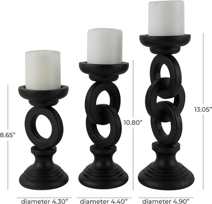 Deco 79 Wooden Decorative Candle Holder Chain Link Candle Stand, Set of 3 Candlestick Holder 13", 11", 9" H, Black