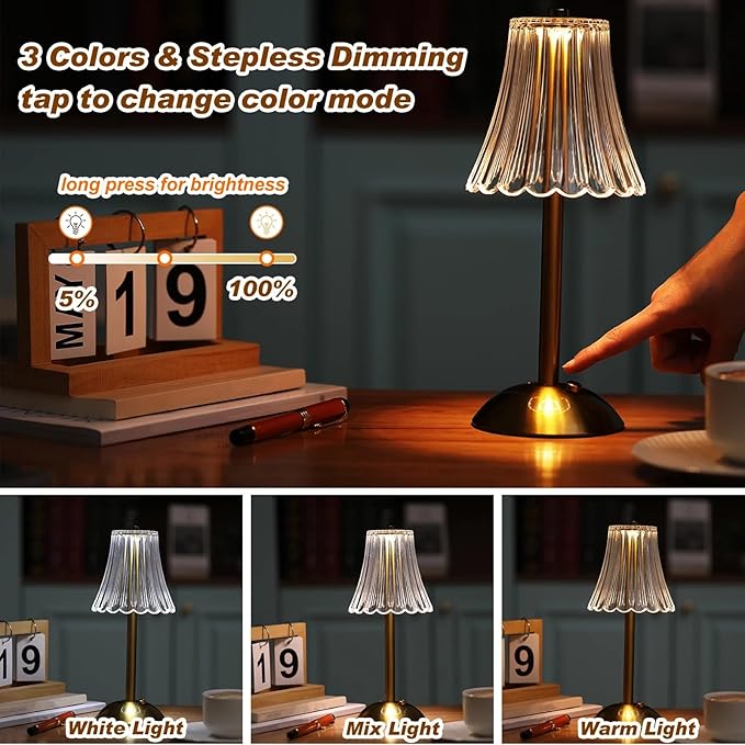 Liliful 30 Pcs Cordless Table Lamp Rechargeable Touch LED Small Gold Portable Battery Operated USB-c Desk Lamp 3 Color Dimmable for Bedroom Living Room Dining (Gold,Rose Style)