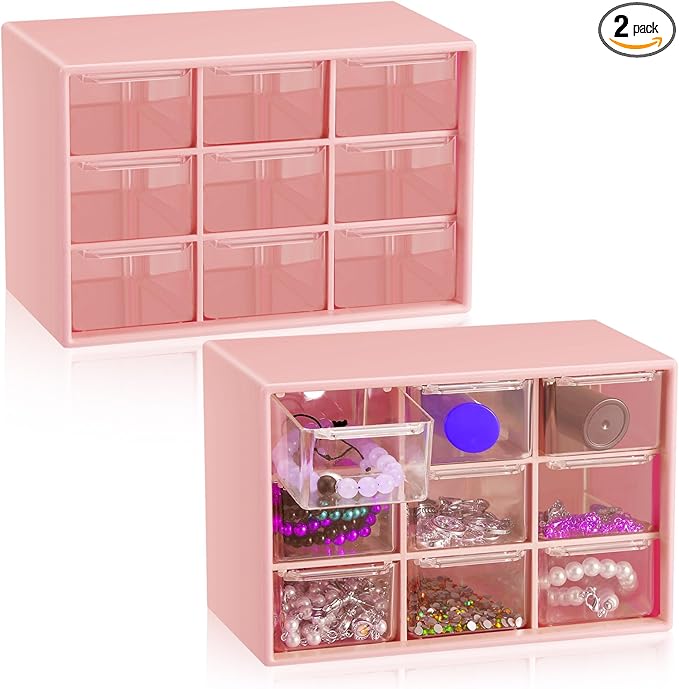 Wenqik 2 Pcs Mini Storage Drawers Teacher Toolbox Organizer with 9 Clear Drawers Small Plastic Desktop Teacher Desk Craft Organizer for Classroom Office 7" x 3. 9" x 4. 7"(Pink)