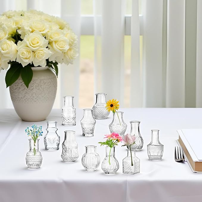 Clear Glass Bud Vase Cute Mini Vases 12Pcs EylKoi Flowers Vintage Small Glass Tiny in Bulk Different Shape Modern Set Lovely for Decor Table Wedding Home Table Centerpieces Dinning Party