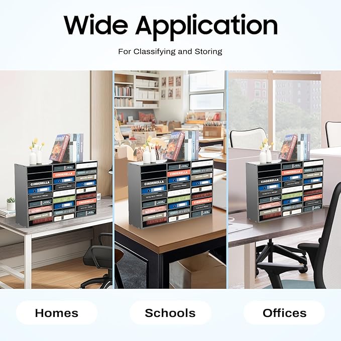 Literature Organizer with 27 Compartments | Adjustable Desktop File Sorter Mail Center for Home, Office & Classroom | PVC Paper Storage Cabinet with Shelves, Black