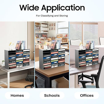 Literature Organizer with 27 Compartments | Adjustable Desktop File Sorter Mail Center for Home, Office & Classroom | PVC Paper Storage Cabinet with Shelves, Black