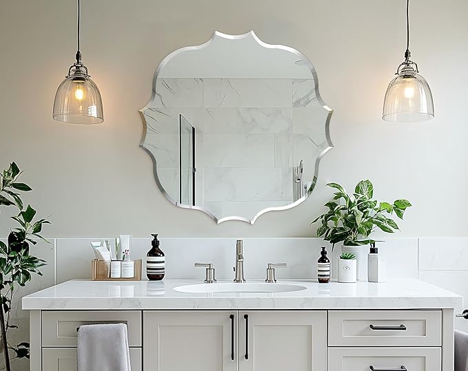 Frameless Scalloped Wall Mirror: Decorative Scallop Round Mirrored Glass Vanity with Beveled Silver Edge for Bathroom Bedroom Livingroom Dining Room Entryway Hallway, 32 x 32 inch