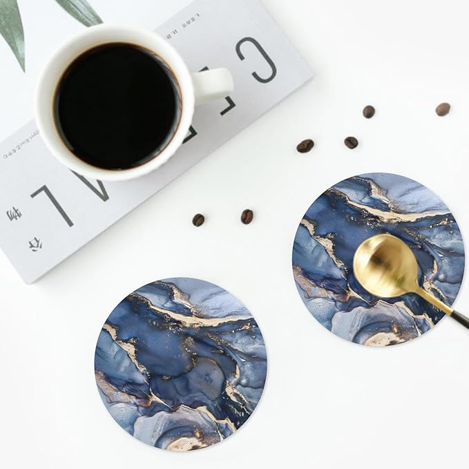 Navy Blue Marble Abstract Coaster Set of 4 Stone Texture Cup Coasters for Drinks Waterproof Wipeable PVC Round Coasters Mat for Coffee Beer Wine Outdoor Patio Table Bar Desk Seasonal Desk Decor
