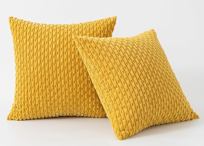 Kevin Textile Throw Pillow Covers Soft Corduroy Decorative Set of 2 Boho Striped Pillow Covers Pillowcases Farmhouse Home Decor for Couch Bed Sofa Living Room 20x20 Inch Mustard Yellow