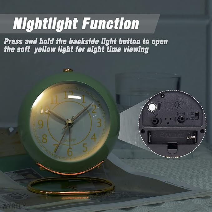 AYRELY® Battery Operated Desk Alarm Clock with Light,Silent No Ticking,Small Table Clock for Bedside/Bedroom/Living Room/Office/Travel/Kids/Room Decor Aesthetic Vintage (Green)