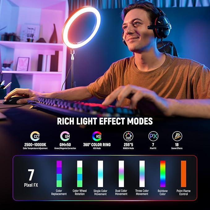 NEEWER 12" 24W High Power RGB LED Ring Light USB C PD Input Phone Selfie Lighting with Tripod Stand 2500-10000K CRI95+ TLCI97+ 1780lux/0.5m for iPhone Makeup Video Recording Studio Photography, RH12C