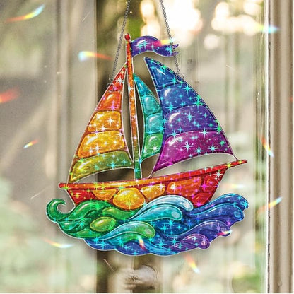Sunlit Sailboat Waves Acrylic Suncatcher, Window Hanging Sun Catcher Ornament, Crystal Prism Light Catcher Decor, Sunlight Window Decor, Aesthetic Home Decor Gift