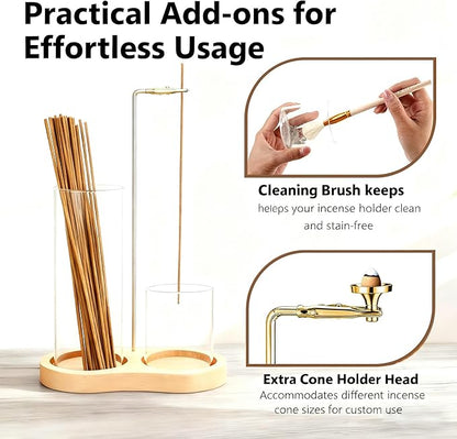 3-in-1 Incense Holder for Sticks with Enlarged Ash Catcher, Anti-Scatter Glass Tray for a Serene Home, Yoga, or Spa, Includes Dedicated Cone Holder and Brush（Not Included Incense Sticks）