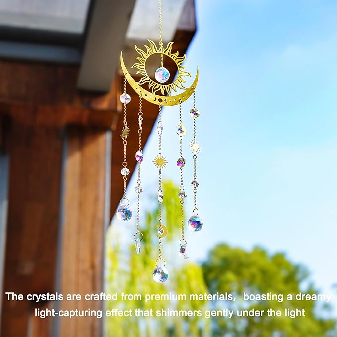 H&D HYALINE & DORA Sun and Moon Suncatcher Crystal Wind Chimes for Hanging Outdoor Indoor Glass Window Hanging Prisms for Garden Backyard Ceiling Room Decor