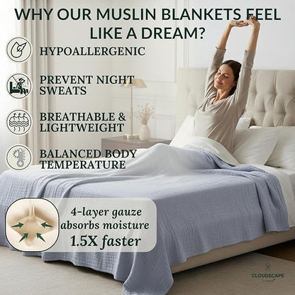 Luxury 100% Cotton Muslin Blanket King Size, 4 Layer Oversized 92x108 Fit Upto CaLKing Bed, Layering Winter Blankets for Bed, Soft Cotton Gauze Quilt, All Season Lavender Blue Bedding
