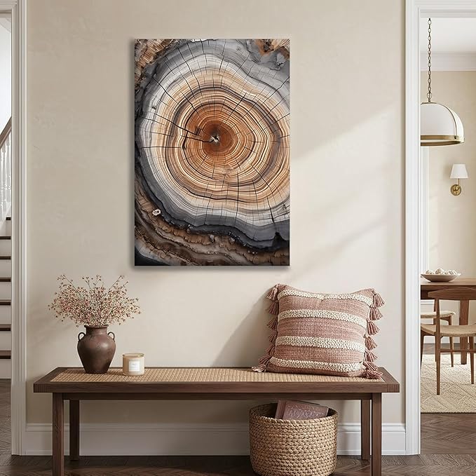 IBHJSART Framed Tree Ring Canvas Wall Art Abstract Colorful Wood Stump Decor Painting Prints Modern Minimalist Pictures Neutral Nature Rustic Farmhouse Living Room Bedroom Bathroom Office