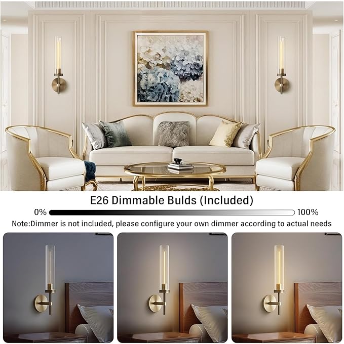 Brass Wall Sconces Set of Two 19.48'' Knurled Texture Wall Light Fixtures, Bathroom Vanity Light Fixtures with Clear Glass, Modern Wall Lamp for Bathroom Living Room Hallway (Bulb Included)
