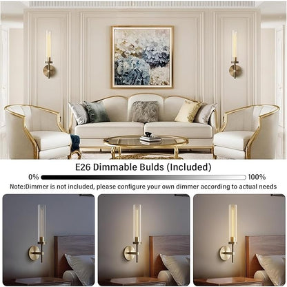 Brass Wall Sconces Set of Two 19.48'' Knurled Texture Wall Light Fixtures, Bathroom Vanity Light Fixtures with Clear Glass, Modern Wall Lamp for Bathroom Living Room Hallway (Bulb Included)