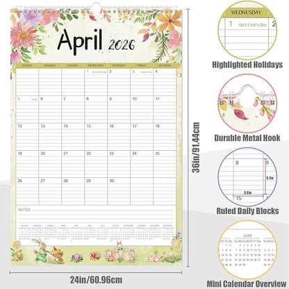GuassLee Extra Large Wall Calendar 2026,36"x 24" Vertical Jumbo Hanging Wall Planner, 24-Month Aesthetic Large Calendar Jan. 2026 to Dec. 2027 with Thick Paper Watercolor Design for Easy Organizing